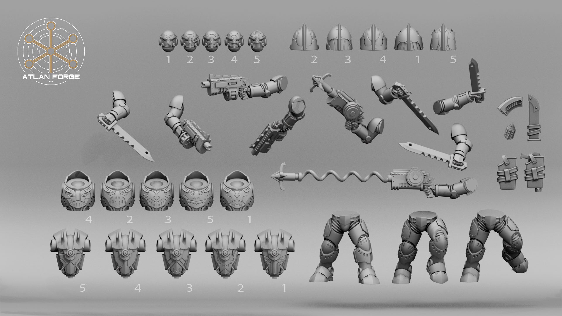 Modular parts for the Wai Toa Kaikino miniature set by Atlan Forge, showing heads, helmets, torsos, backpacks, weapons, arms, armor pieces, and round bases.