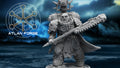 Wai Toa Kāpene sci-fi resin miniature by Atlan Forge, shown as an oceanic captain with shark-inspired armor, large weapon, cloak, and round base.