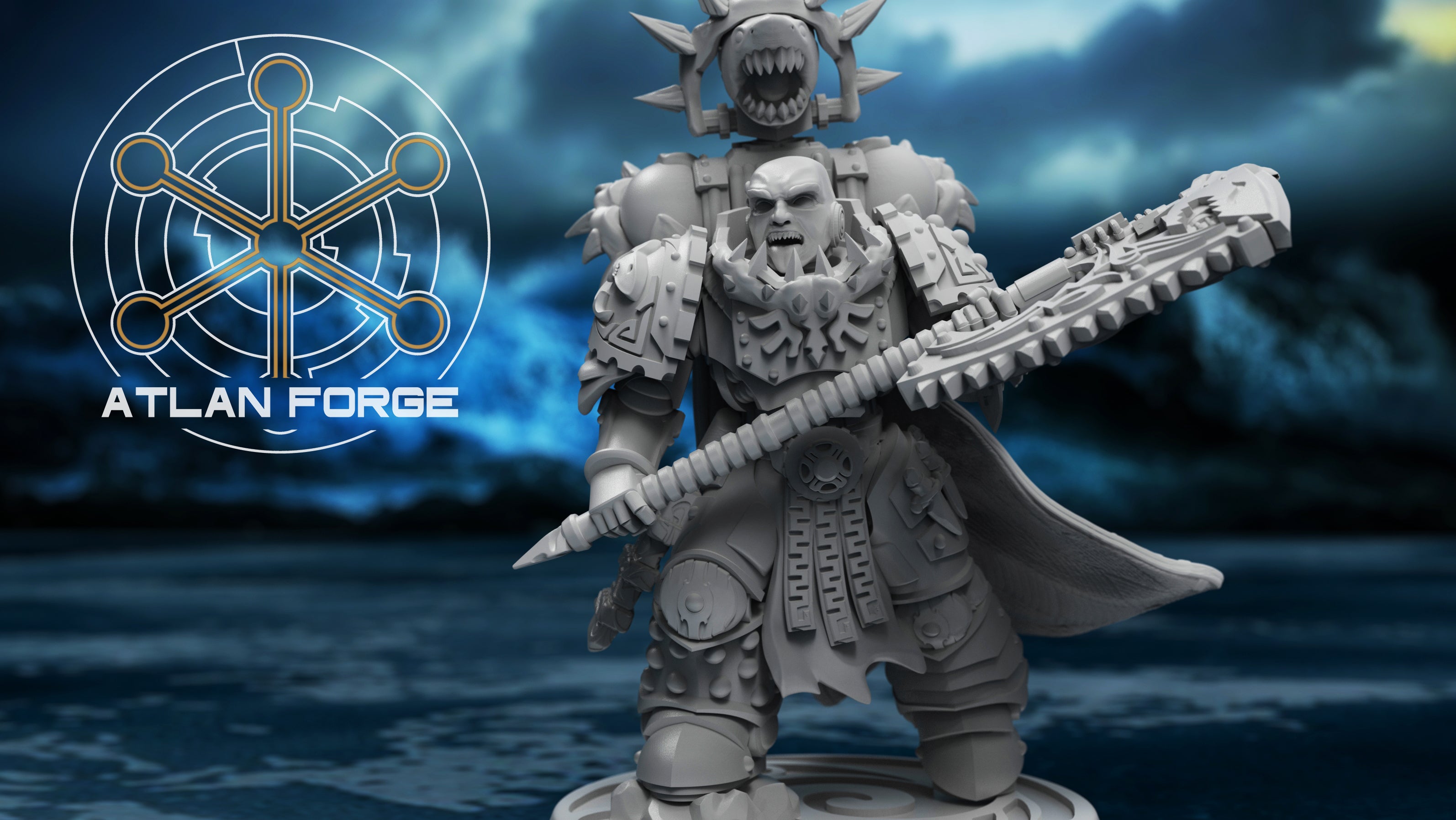 Wai Toa Kāpene sci-fi resin miniature by Atlan Forge, shown as an oceanic captain with shark-inspired armor, large weapon, cloak, and round base.