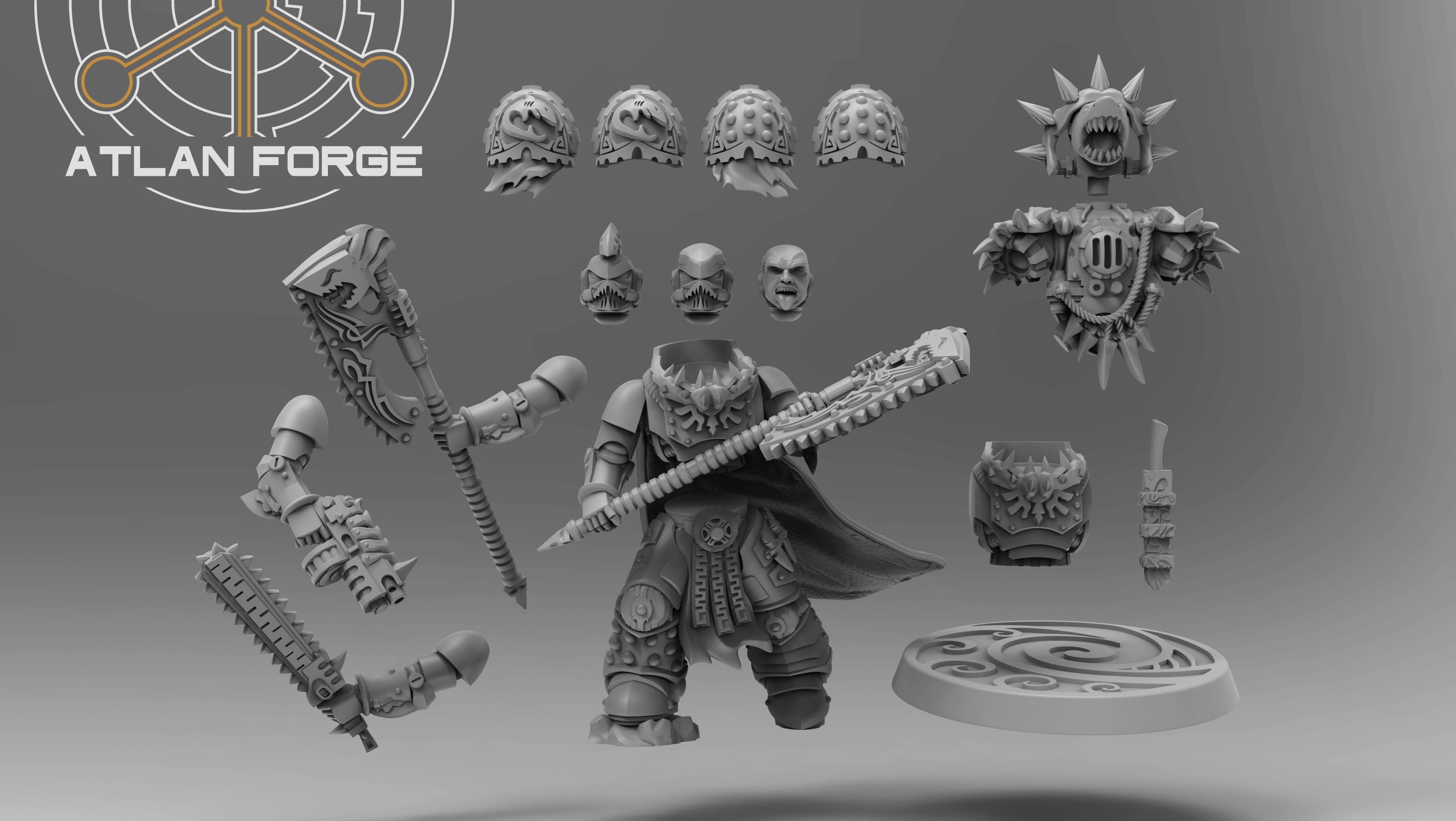 Modular parts for the Wai Toa Kāpene miniature by Atlan Forge, showing weapon options, heads, armor pieces, cloak, torso, and scenic round base.