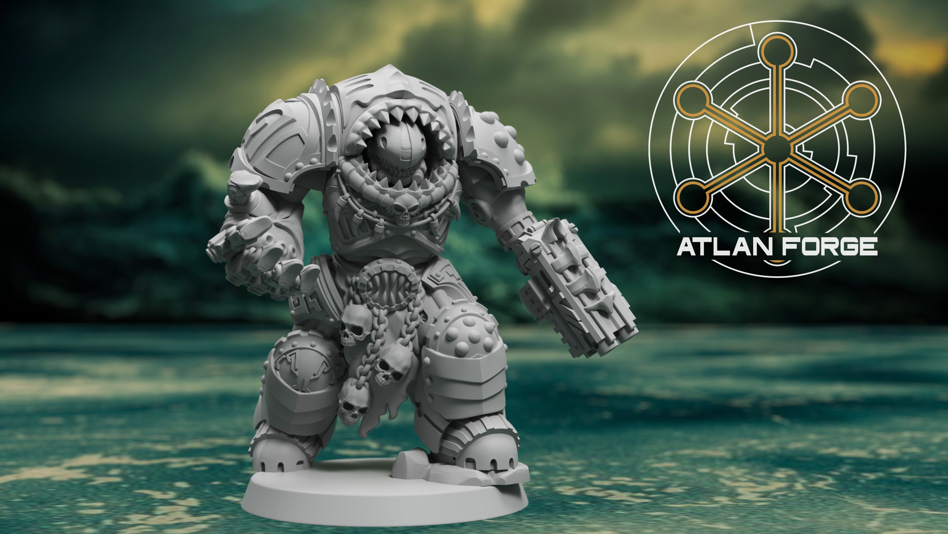 Alternate Wai Toa Roroa Captain render by Atlan Forge showing heavy armor, shark-inspired details, large weapon, and oceanic sci-fi commander pose.