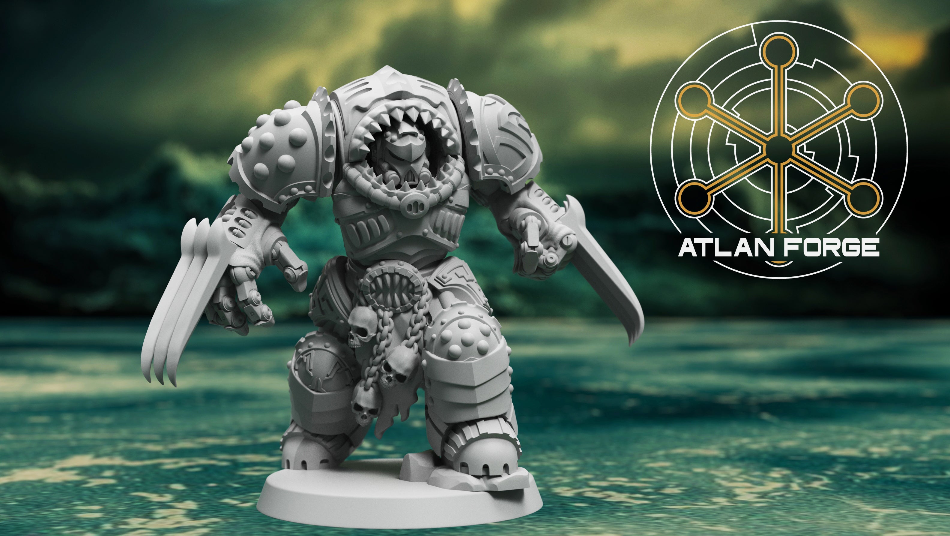 Wai Toa Roroa Captain sci-fi resin miniature by Atlan Forge, shown with oceanic heavy armor, shark-inspired helmet, claw weapon, and round base.