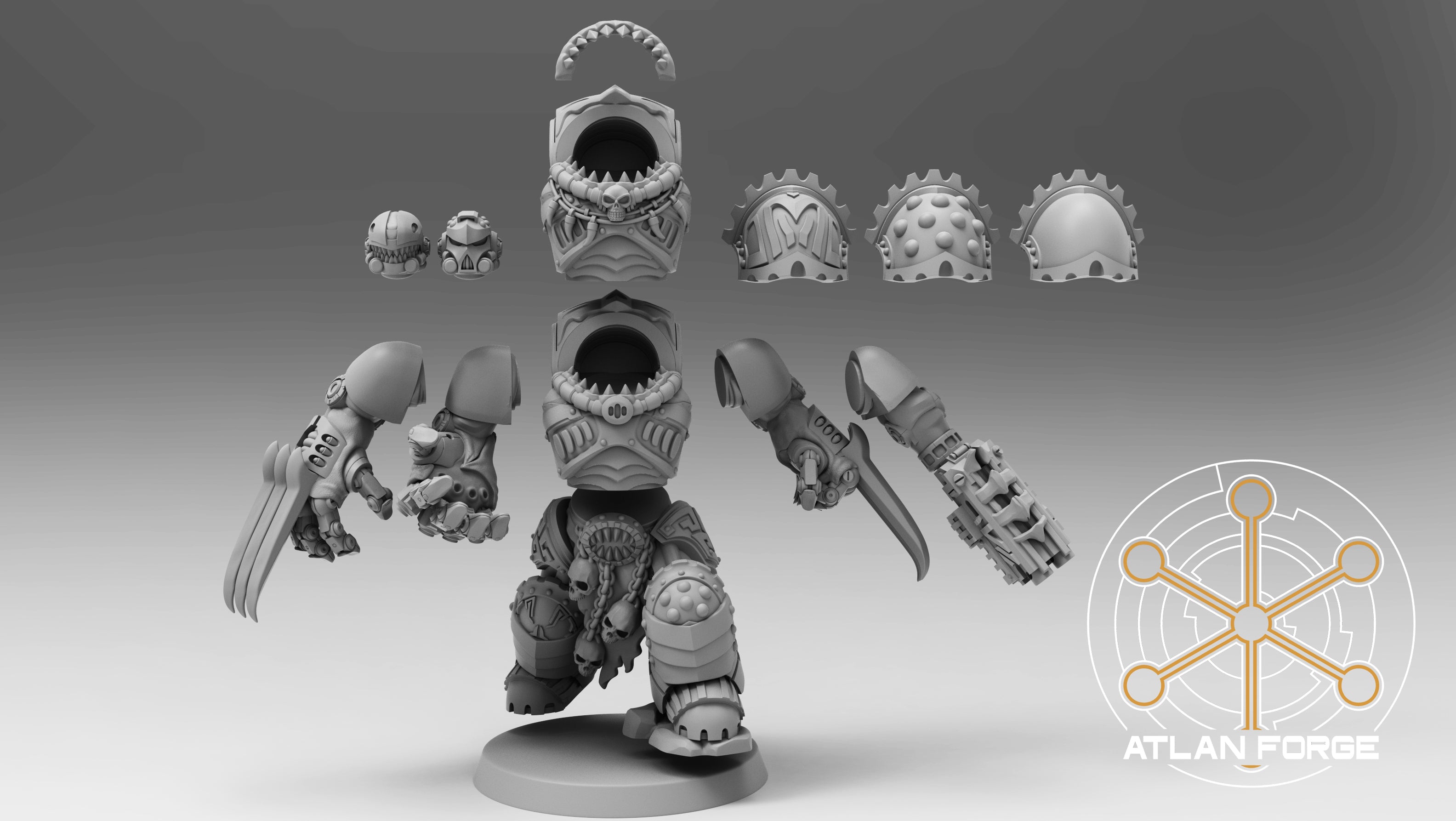 Modular parts for the Wai Toa Roroa Captain miniature by Atlan Forge, showing armor pieces, weapon options, head parts, shoulder details, and round base.