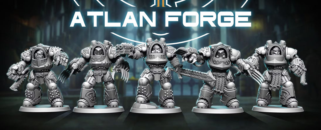 Five Wai Toa Roroa Giants in modular heavy sci-fi armor by Atlan Forge