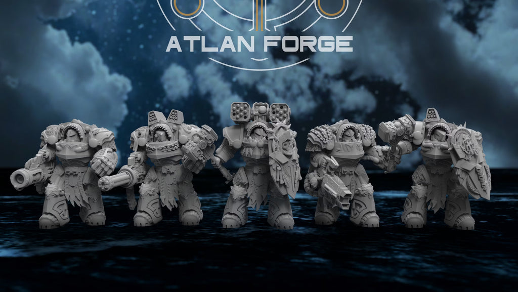 Five Wai Toa Roroa Reinforcements by Atlan Forge in shark-inspired heavy armor with guns, hammers, shields, and missile systems.