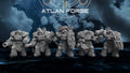 Five Wai Toa Roroa Reinforcements by Atlan Forge in shark-inspired heavy armor with guns, hammers, shields, and missile systems.