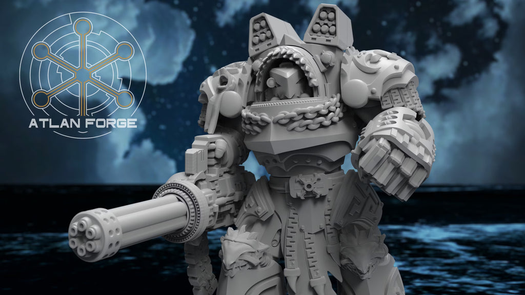 Wai Toa Roroa heavy infantry miniature carrying a rotary cannon and armored power fist.