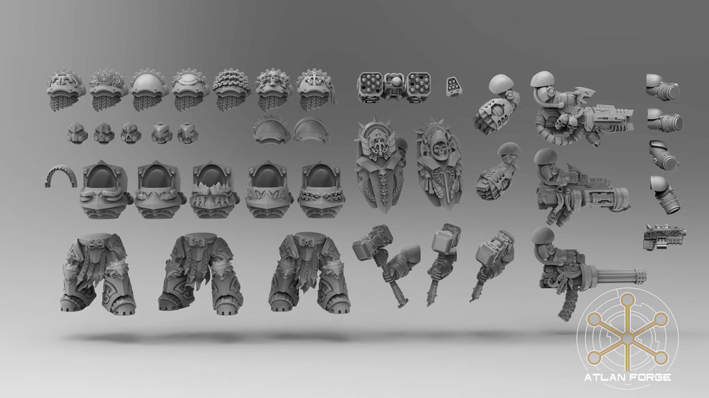 Wai Toa Roroa Reinforcements modular design parts showing armor, helmets, shields, guns, hammers, fists, and missile systems.