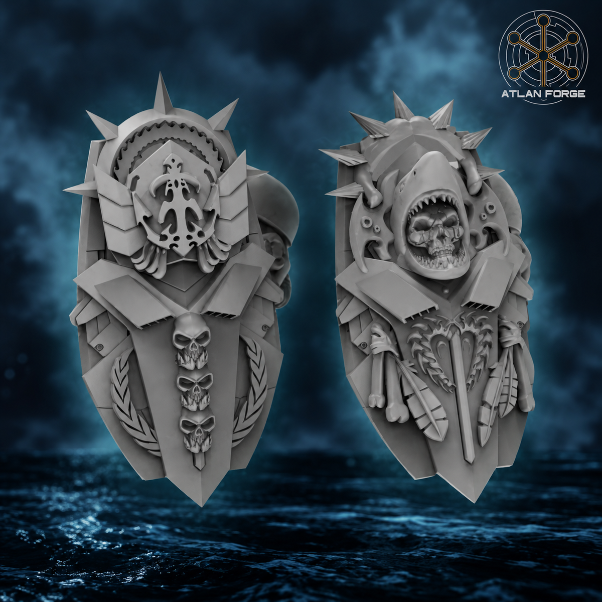 Two unpainted Wai Toa sci-fi shield designs with aquatic armor details on a dark ocean background by Atlan Forge