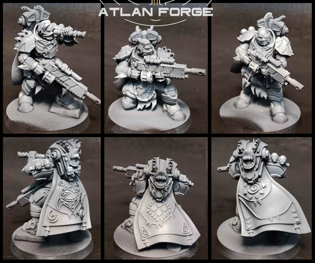 Front and rear views of Wai Toa Tide Shades by Atlan Forge, showing shark-inspired armor, rifles, cloaks, helmets, and round bases.