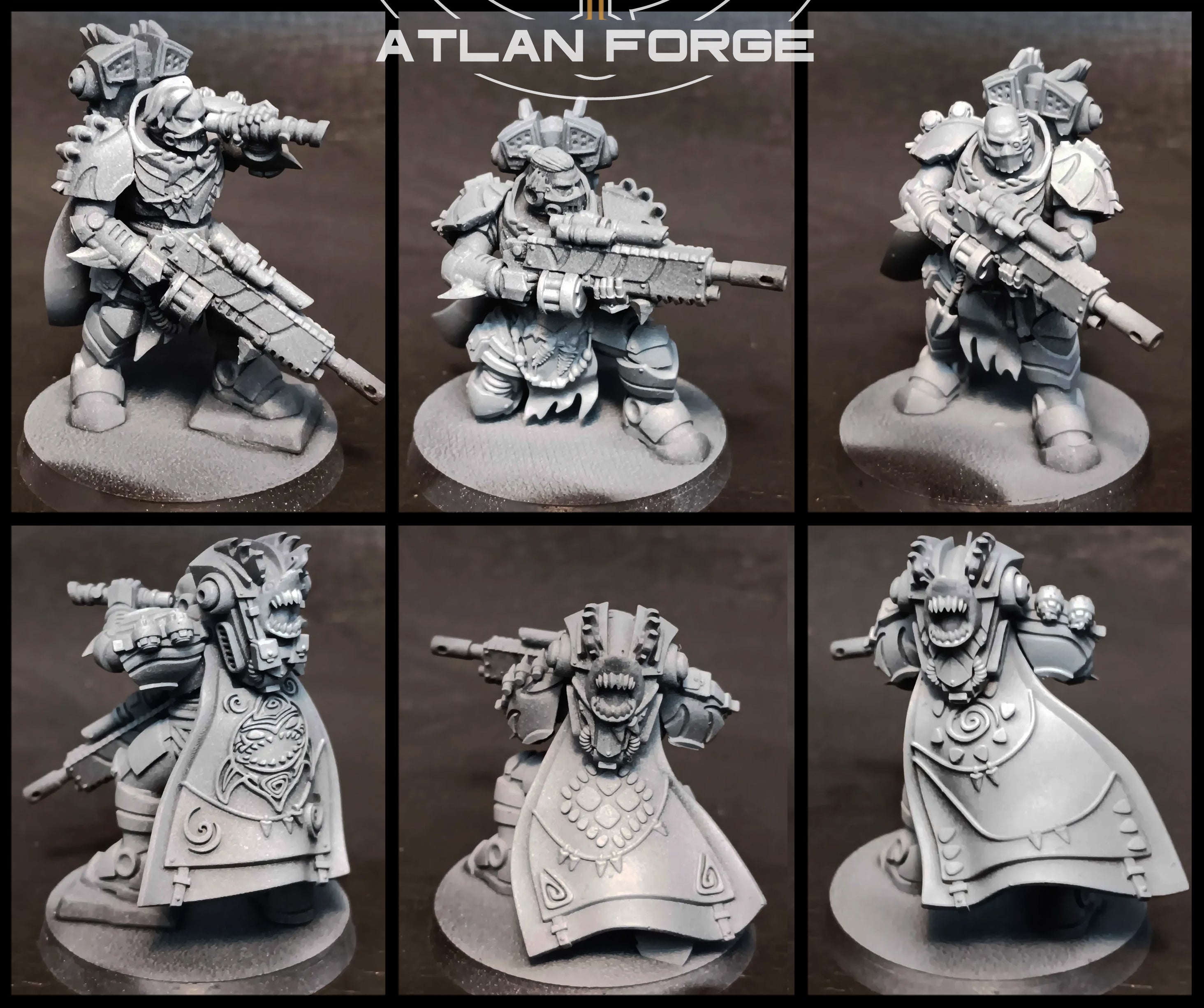 Front and rear views of Wai Toa Tide Shades by Atlan Forge, showing shark-inspired armor, rifles, cloaks, helmets, and round bases.