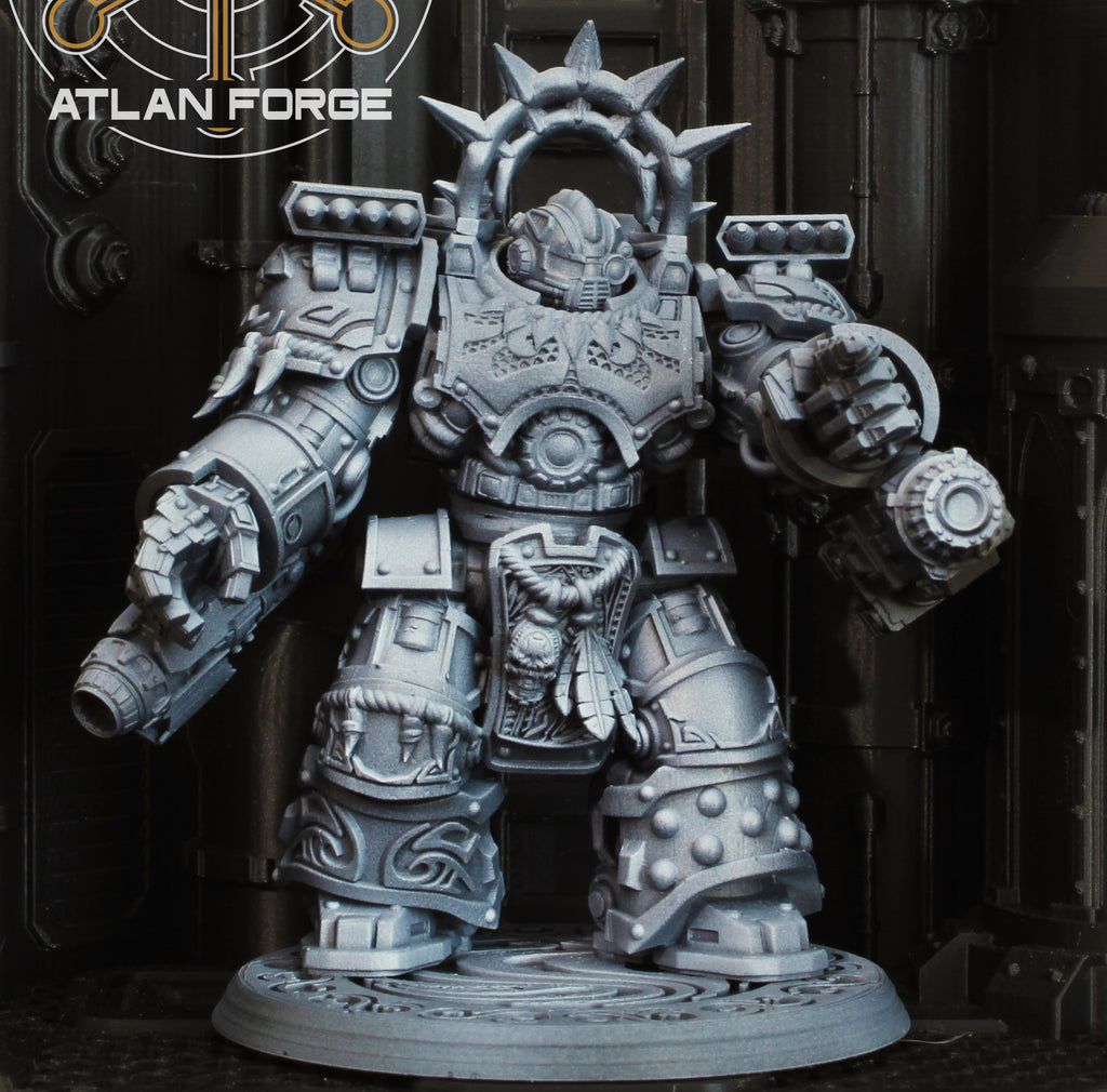 Single Wai Toa Warhulk miniature by Atlan Forge shown with heavy armor, shark-inspired details, large weapon, halo-style armor piece, and round base.