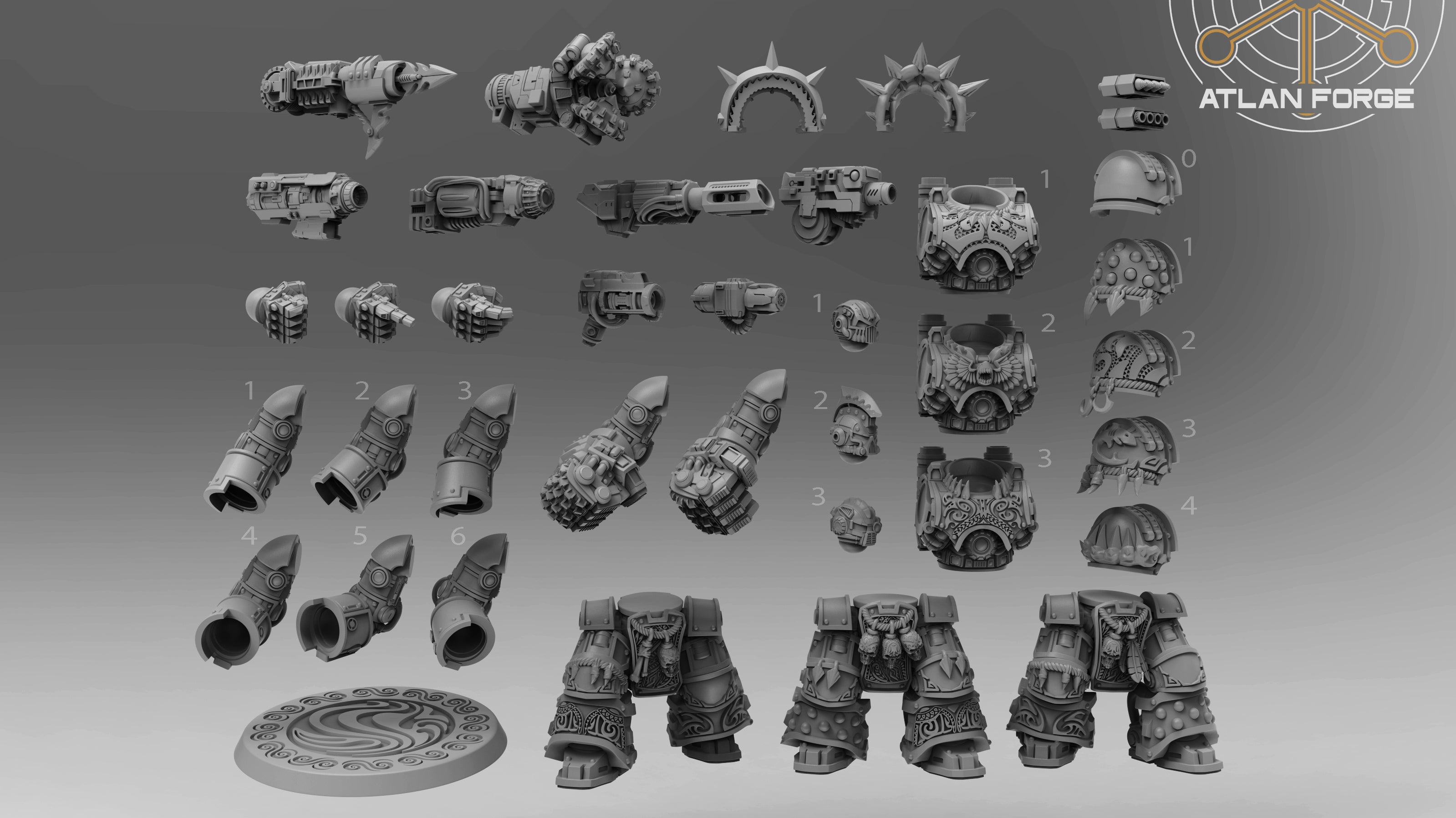 Modular parts for the Wai Toa Warhulks miniature set by Atlan Forge, showing weapon options, armor torsos, helmets, fists, shoulder pieces, and scenic base components.