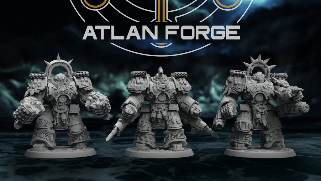 Three Wai Toa Warhulks sci-fi resin miniatures by Atlan Forge, shown as an oceanic heavy armor squad with shark-inspired helmets, weapons, and scenic bases.