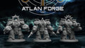 Three Wai Toa Warhulks sci-fi resin miniatures by Atlan Forge, shown as an oceanic heavy armor squad with shark-inspired helmets, weapons, and scenic bases.