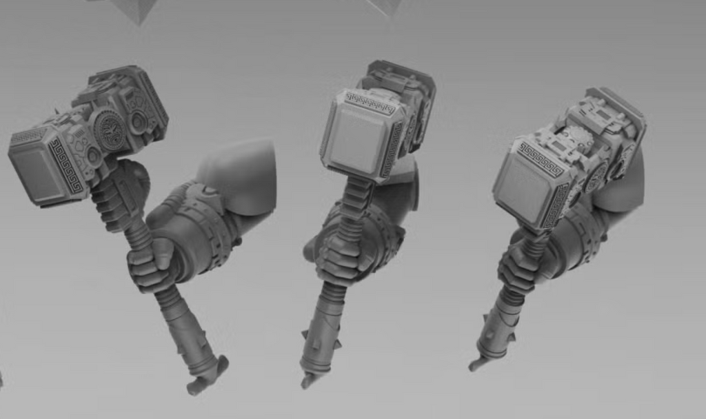 Close-up of three available Wai Toa resin heavy hammer designs for sci-fi miniature conversions