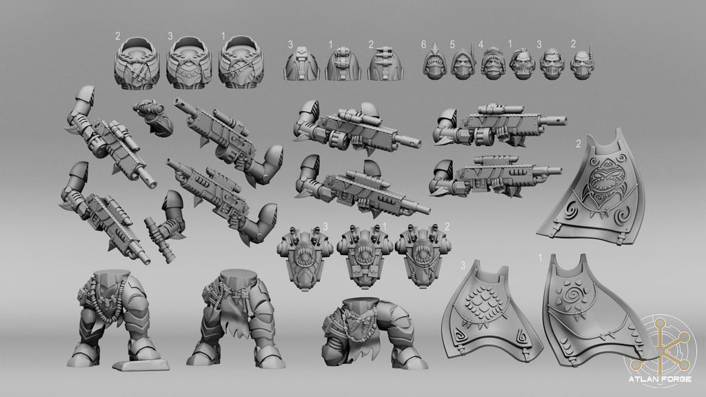 Close-up of Wai Toa Tide Shade modular set showing facial features, weapons, and sculpted details.