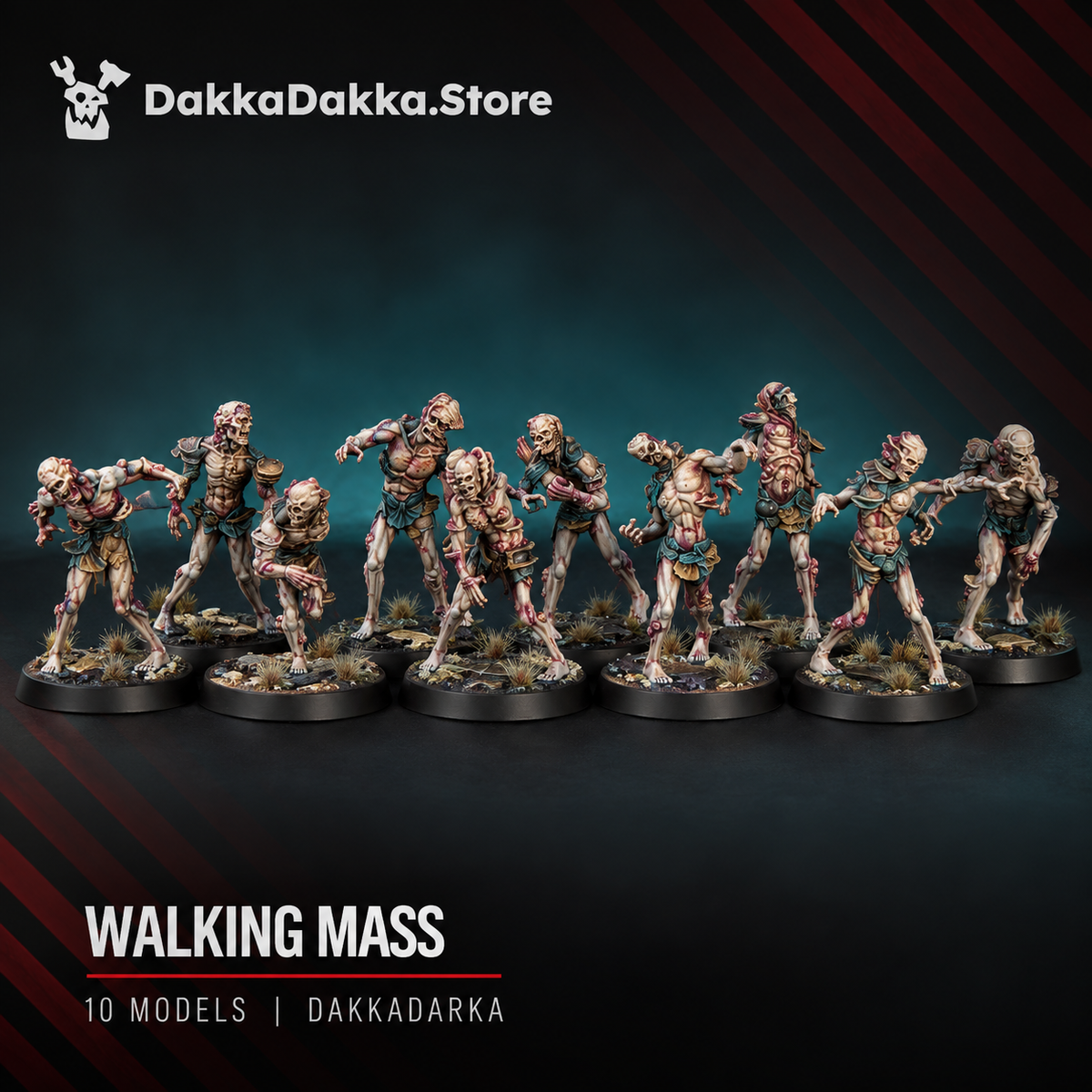 Painted Walking Mass squad of 10 undead fantasy miniatures, posed together on scenic round bases.