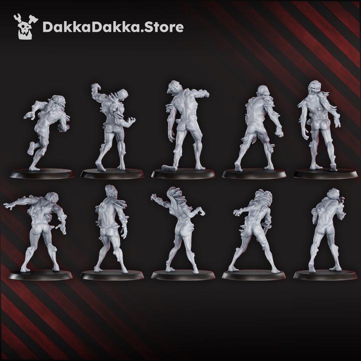 Rear view of all 10 unpainted Walking Mass undead miniatures, showing back armor, tattered clothing, and varied poses.