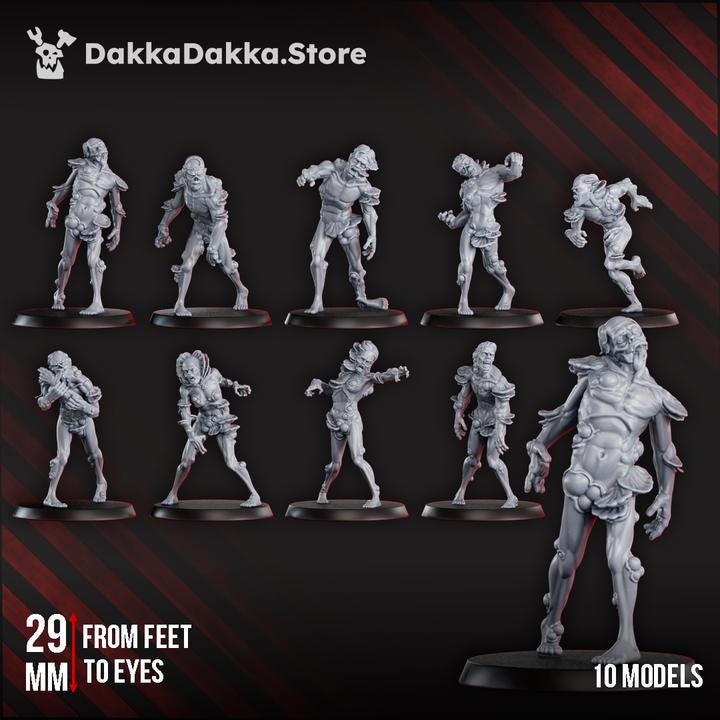 Full unpainted Walking Mass squad showing 10 distinct undead miniatures and a 29mm feet-to-eyes scale callout.
