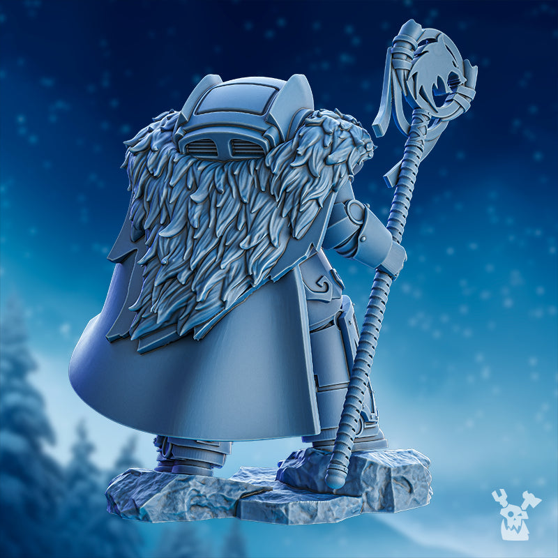 Rear view of Wan’illa Ice Scream by DakkaDakka, showing fur cloak, staff, heavy armor, and scenic frozen base detail.