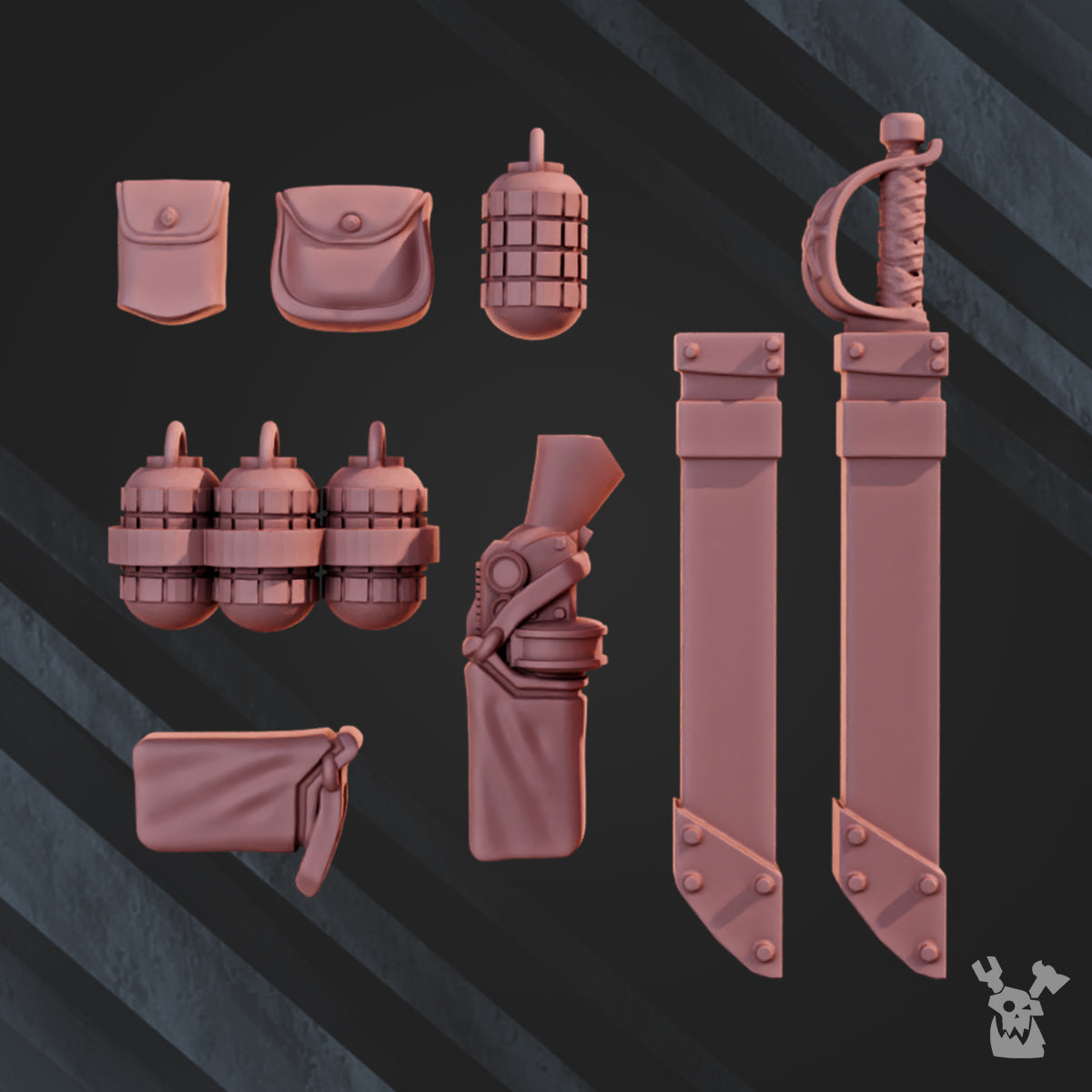 War Gear Accessory Bits by DakkaDakka, showing resin miniature conversion pieces including pouches, grenades, scabbards, blades, and equipment bits for tabletop kitbashing.