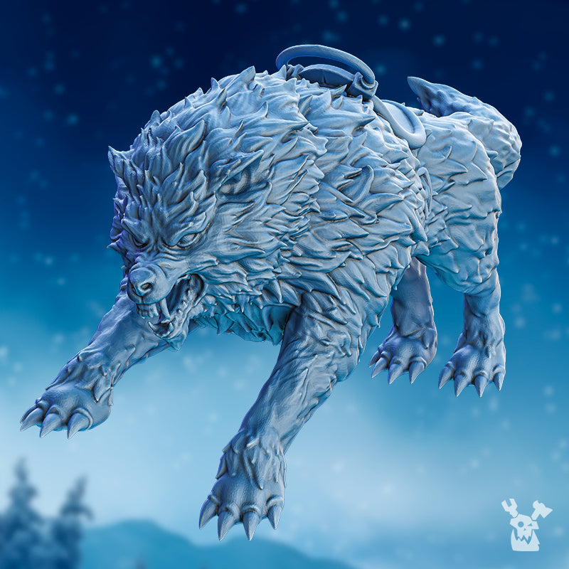 Wolfriders’ Wolf fantasy resin miniature by DakkaDakka, shown lunging forward with snarling face, layered fur, saddle detail, and winter creature styling.