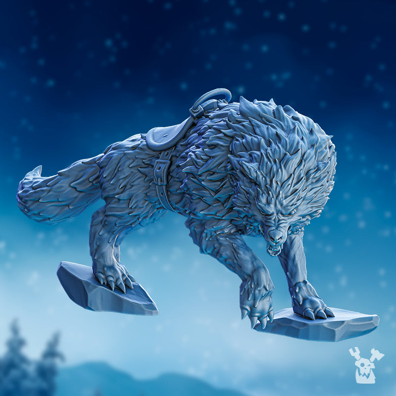Single Wolfriders’ Wolf miniature by DakkaDakka, shown in a dynamic leaping pose with detailed fur, saddle gear, claws, and icy base elements.