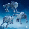 Wolfriders’ Wolves Stormbringer miniatures by DakkaDakka, showing three fantasy wolf resin models with dynamic poses, fur texture, saddles, and icy base details.
