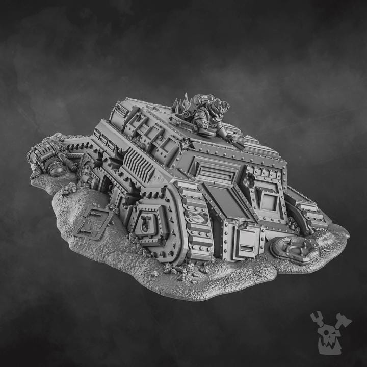 Resin 3D‑printed Wrecked Tank Terrain by DakkaDakka depicting a partially buried armored structure with vented doors, a rooftop turret, damaged panels, piping, rubble, and rocky base details.