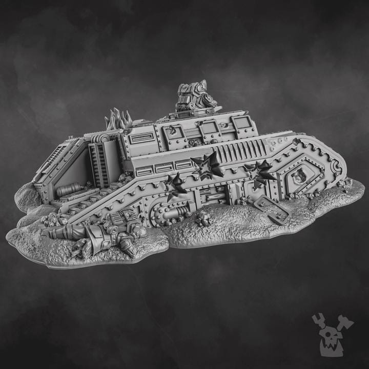 Resin 3D‑printed Wrecked Tank Terrain by DakkaDakka showing a heavily damaged armored vehicle embedded in textured ground with exposed tracks, torn plating, vents, pipes, and scattered debris.