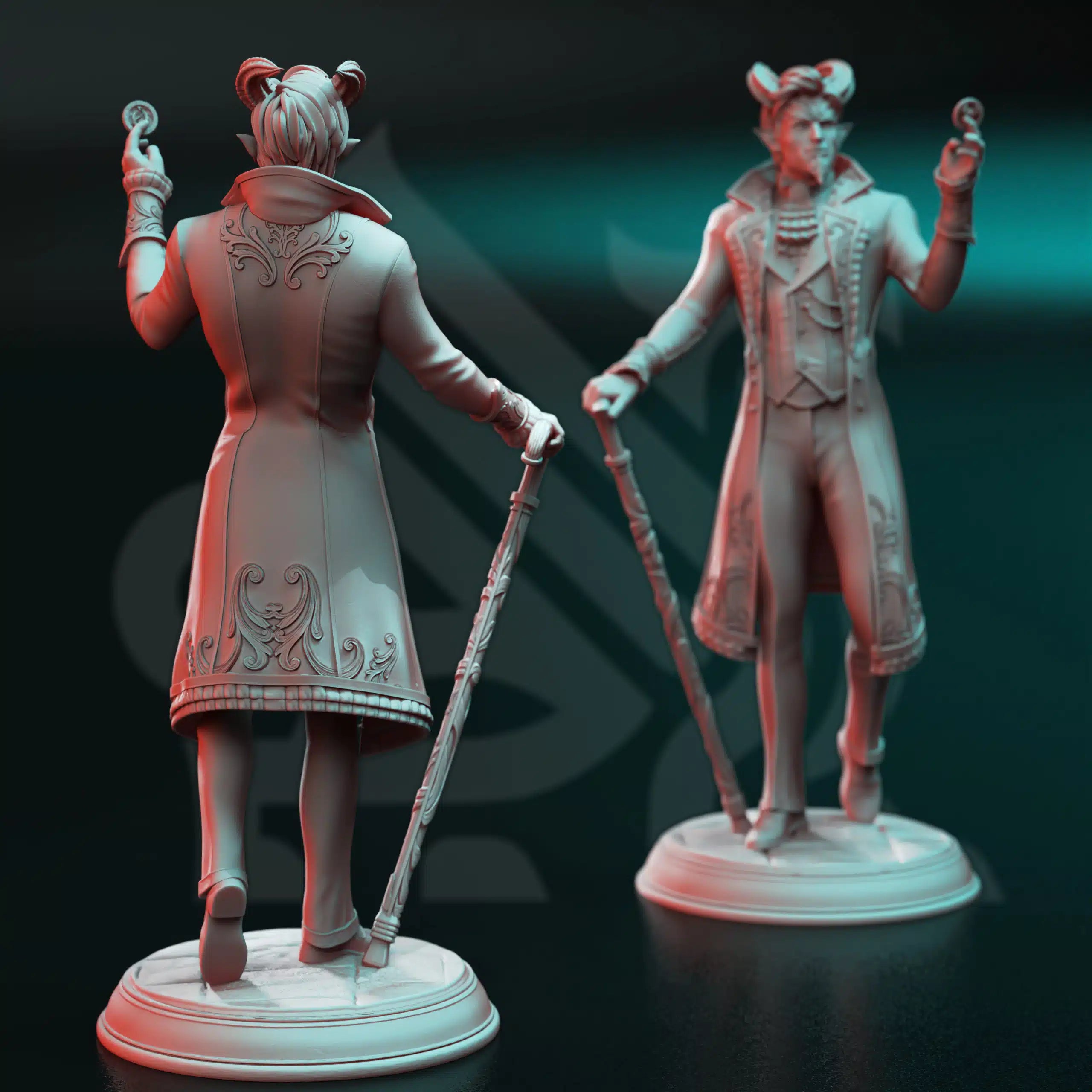 Rear view of Xarvir Barikdral The Lucky Devil tiefling miniature, showing long coat details, cane, horns, and decorative fantasy sculpting.