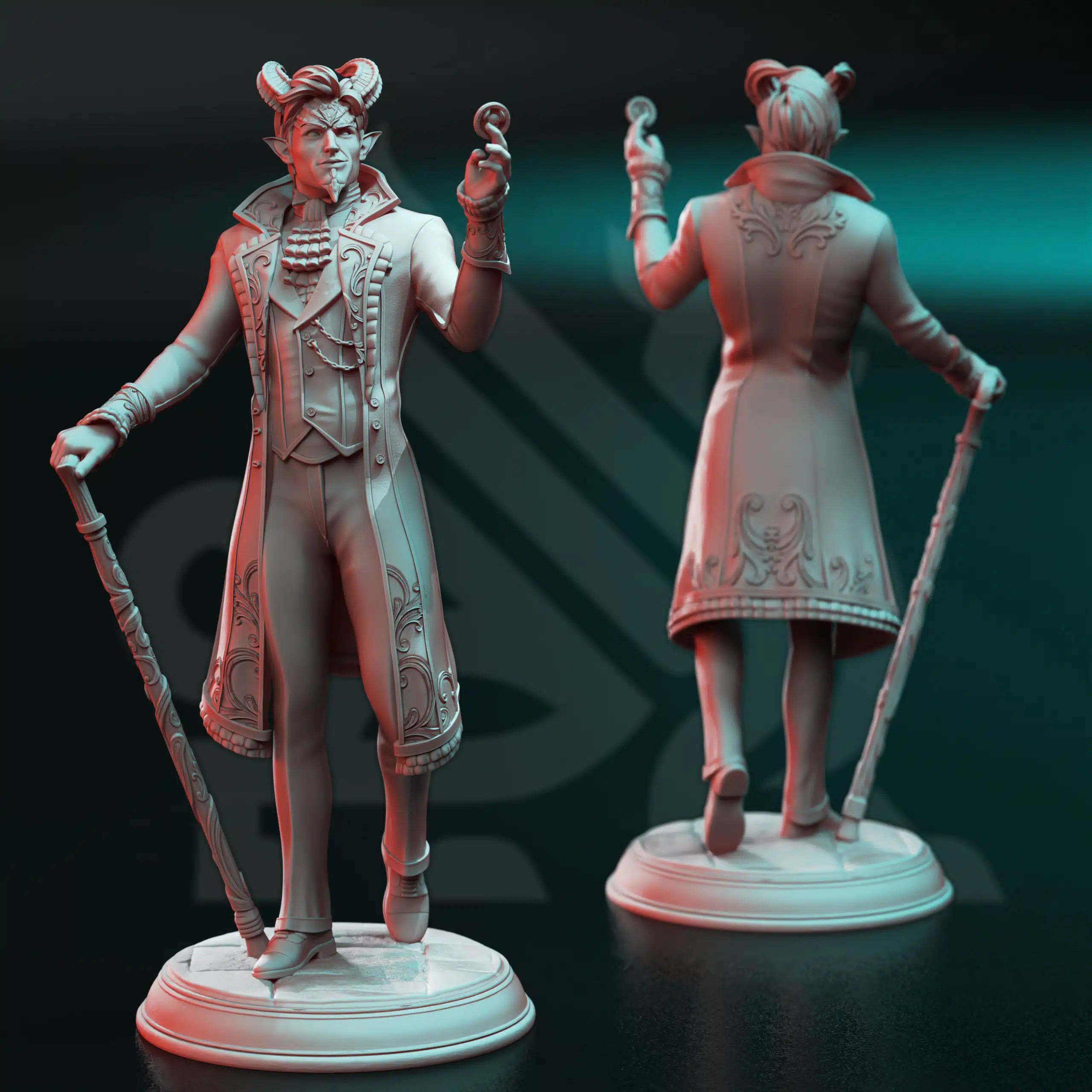 Xarvir Barikdral The Lucky Devil tiefling bard miniature with cane, shown from front and rear angles, resin printed fantasy RPG character.