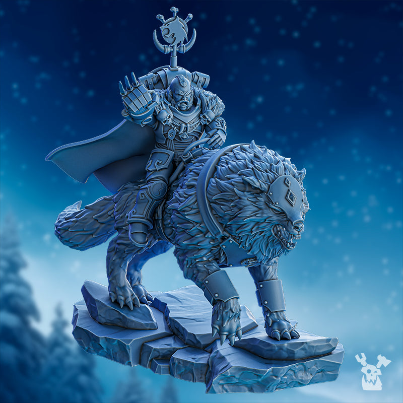 Yogur T’land Light Claw by DakkaDakka, a Stormbringers mounted hero riding a fur-covered beast on a rocky frozen scenic base.