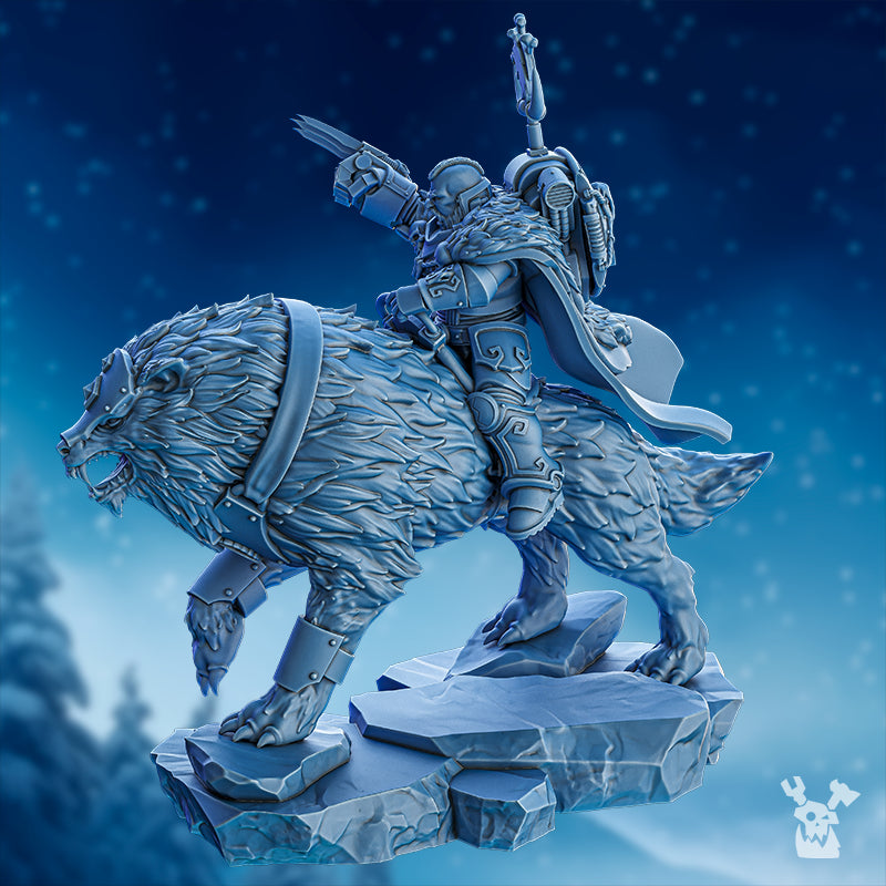 Side view of Yogur T’land Light Claw showing the armored rider, flowing cloak, clawed gauntlet, backpack icon, and wolf-like mount.