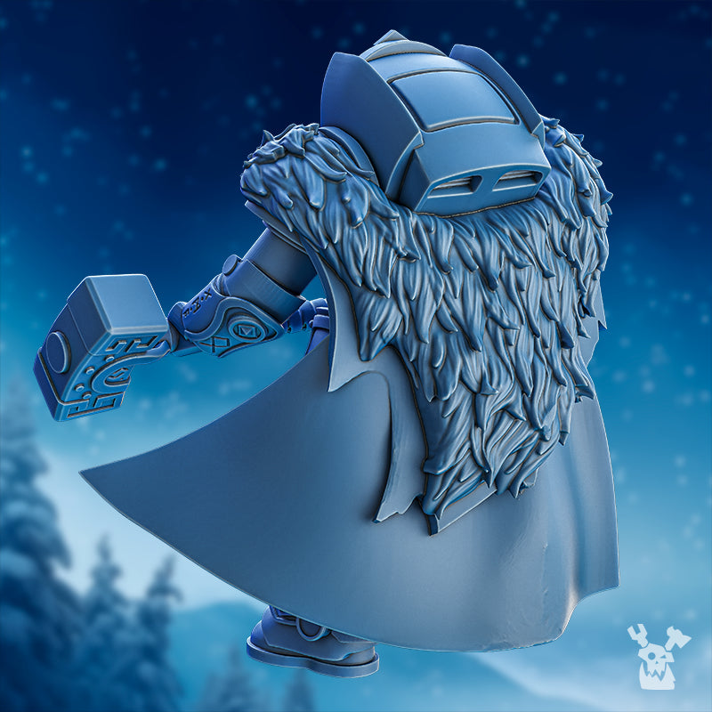 Rear view of Yorr Stone Hammer by DakkaDakka, showing flowing cloak, fur cape detail, heavy armor, hammer, and Stormbringer character design.