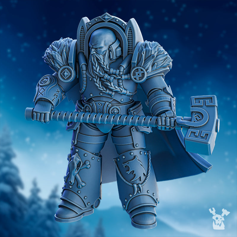 Side view of Yorr Stone Hammer by DakkaDakka, showing the large hammer, fur-lined armor, cloak, runic details, and fantasy character sculpting.