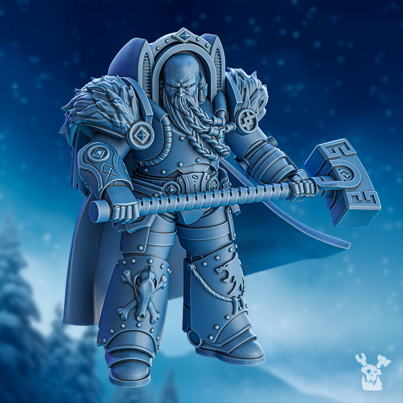 Yorr Stone Hammer Stormbringer miniature by DakkaDakka, shown from the front with heavy armor, fur shoulders, massive hammer, braided beard, cloak, and northern warrior styling.