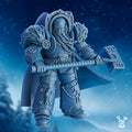 Yorr Stone Hammer Stormbringer miniature by DakkaDakka, shown from the front with heavy armor, fur shoulders, massive hammer, braided beard, cloak, and northern warrior styling.