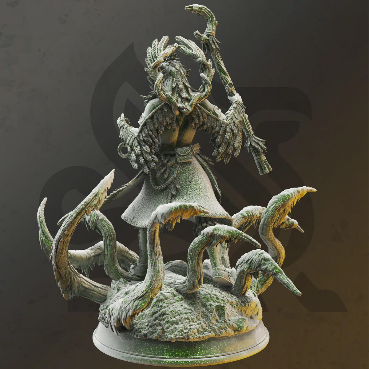 Rear view of Zarbaeth Arch Druid miniature by DM Stash, showing cloak, staff, and woodland sculpt details