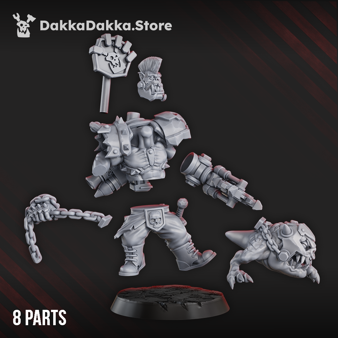 Eight-part Zargok Da Hogmasta miniature set showing the orc handler, armored hog companion, firearm, chain leash, head, legs, boss pole, and base.