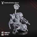 Front view of Zargok Da Hogmasta, a sci-fi orc beast handler carrying a heavy firearm and chain leash beside an armored hog companion.