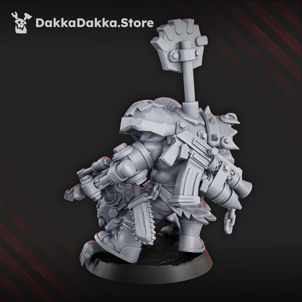 Rear view of Zargok Da Hogmasta showing his spiked shoulder armor, skull-marked boss pole, heavy firearm, chains, equipment, and armored hog companion.