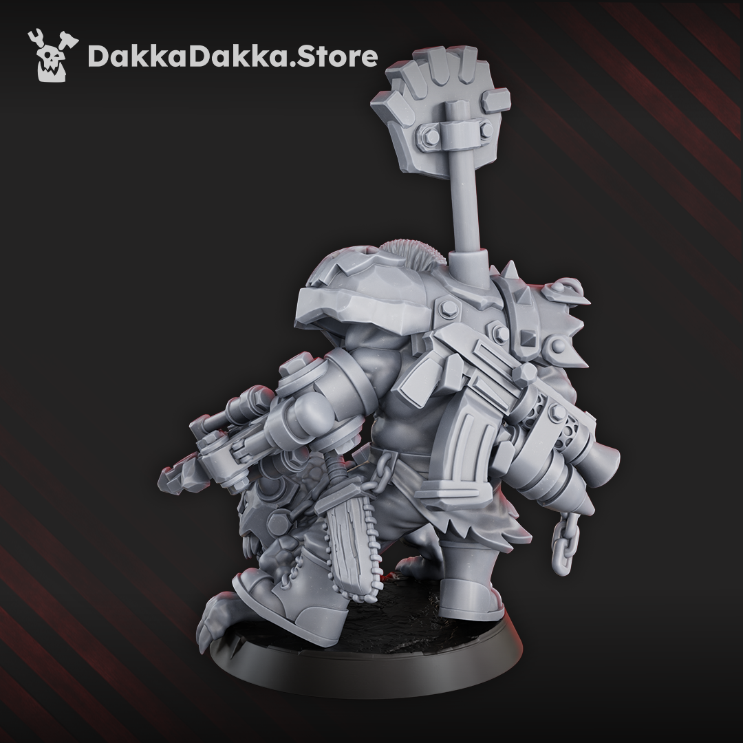 Rear view of Zargok Da Hogmasta showing his spiked shoulder armor, skull-marked boss pole, heavy firearm, chains, equipment, and armored hog companion.