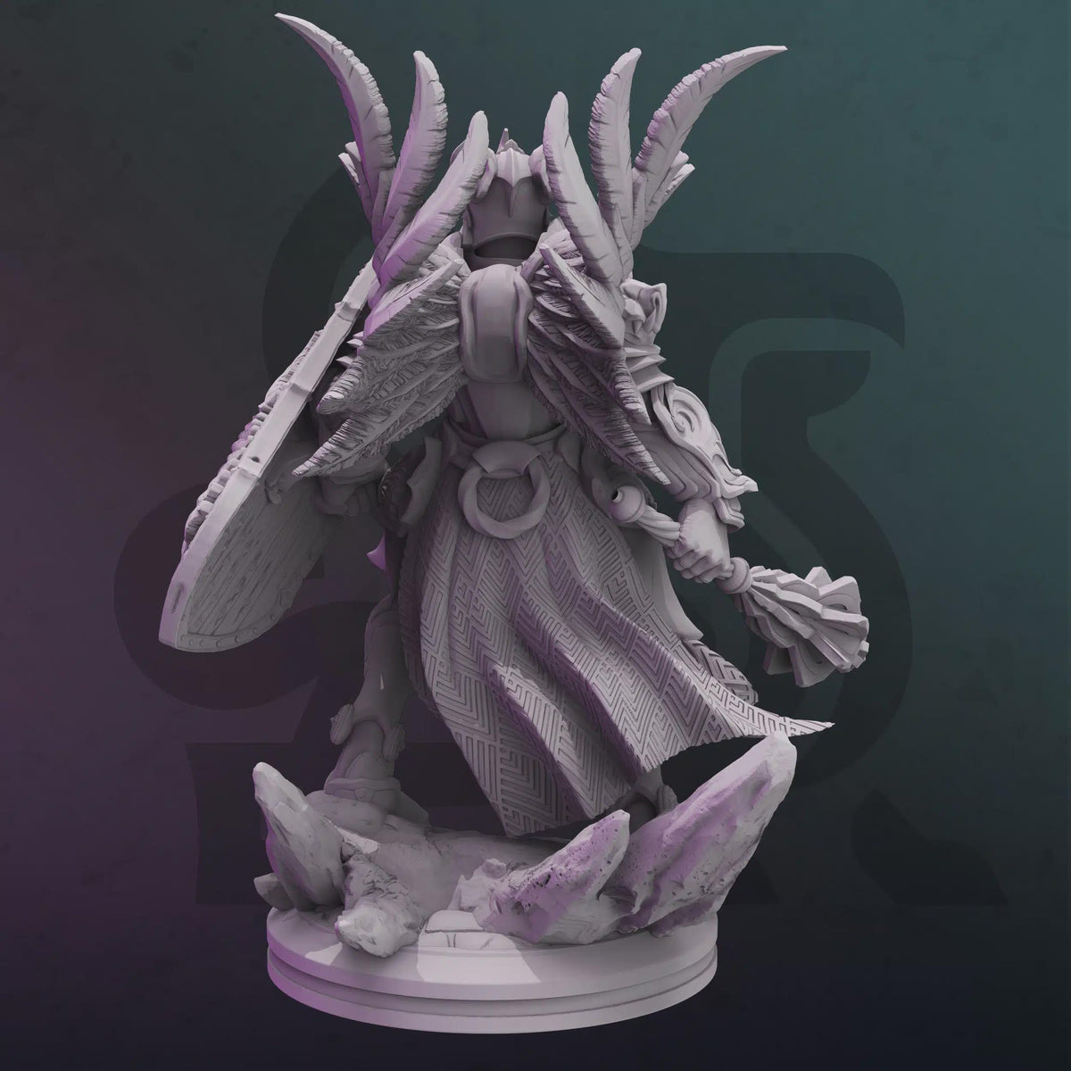 Rear view of Zyril Spellknight miniature by DM Stash, showing cloak and scenic base details