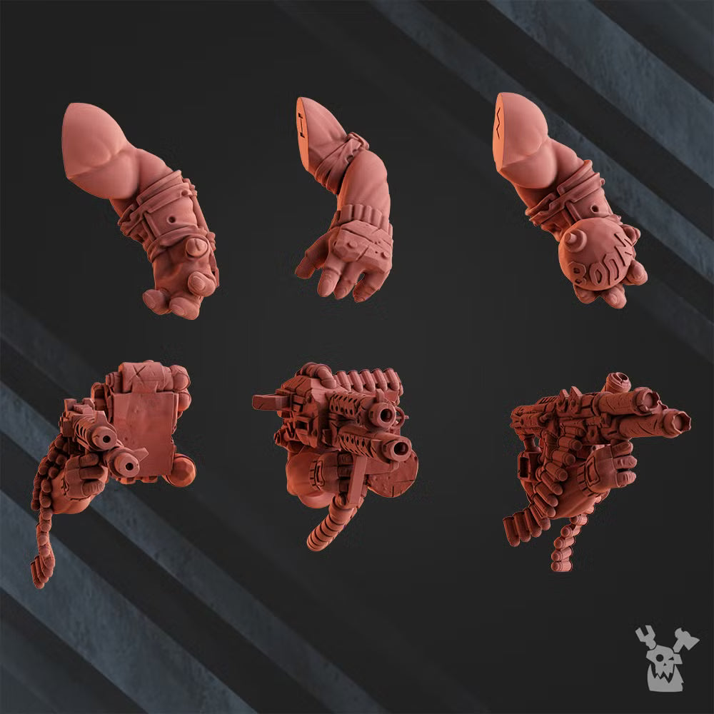 Big Megashoota Boyz weapon components by DakkaDakka, showing modular heavy guns and arm options for three sci-fi orc miniatures.
