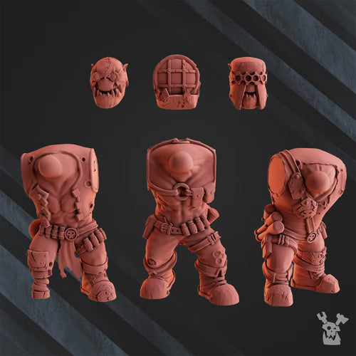 Big Megashoota Boyz component options by DakkaDakka, showing three modular bodies and three sci-fi orc head designs.