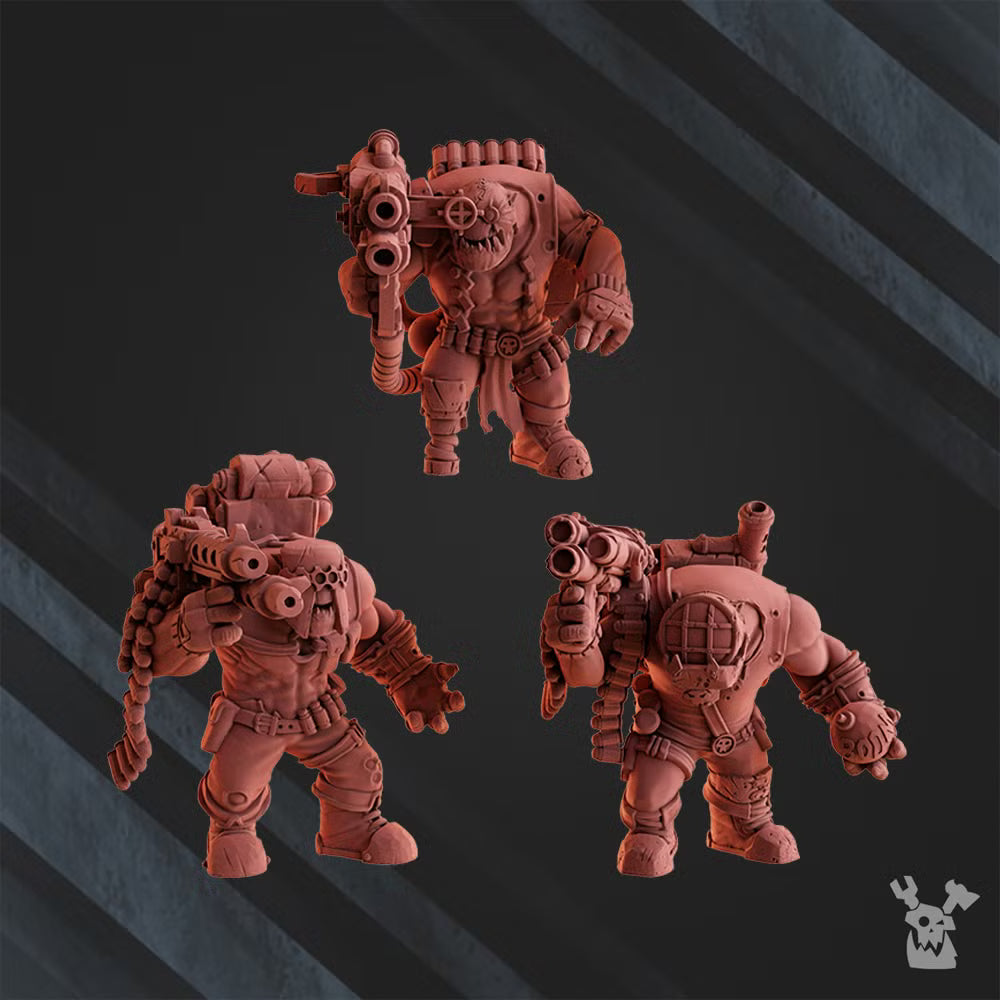 Big Megashoota Boyz by DakkaDakka, showing three multipart sci-fi orc heavy weapon miniatures with oversized guns and armored gear.