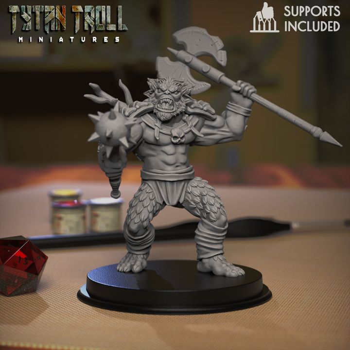 Bugbear raider miniature with axe and mace, standing in a powerful fantasy tabletop pose by TytanTroll Miniatures.
