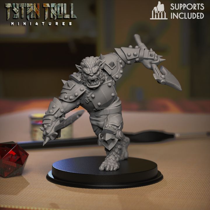 Aggressive bugbear brute miniature with heavy armor, claw weapon, and charging pose by TytanTroll Miniatures.